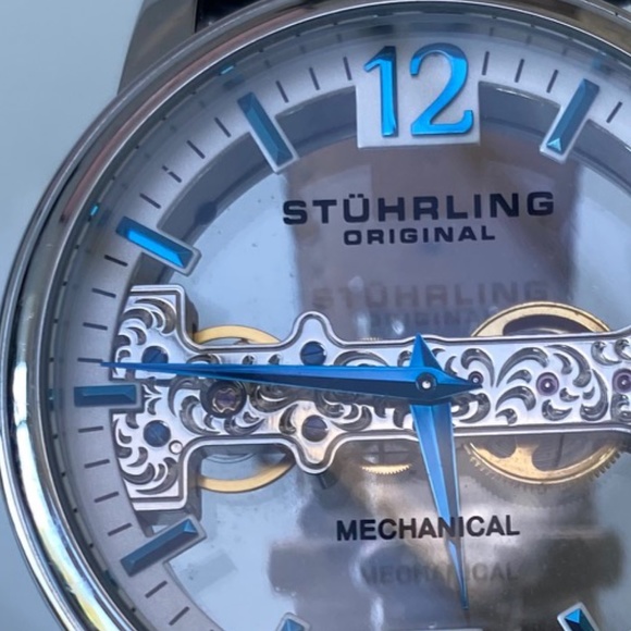 Stuhrling Men's Exposed Bridge Mechanical Skeleton Dial Blue Watch - Picture 2 of 5